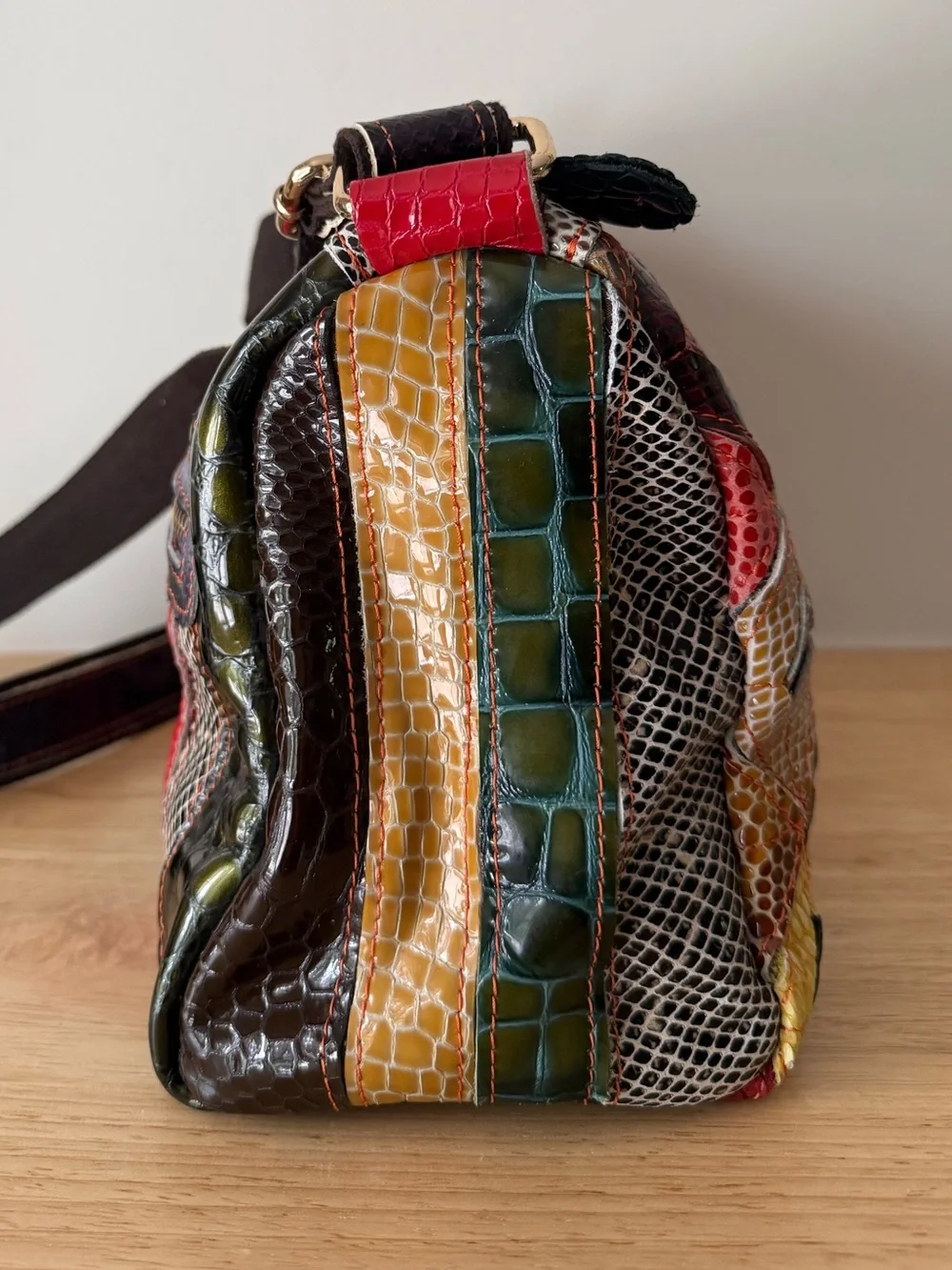 Chaos Patchwork Genuine Leather Crossbody Bag Multicolor Snake Croc Embossed